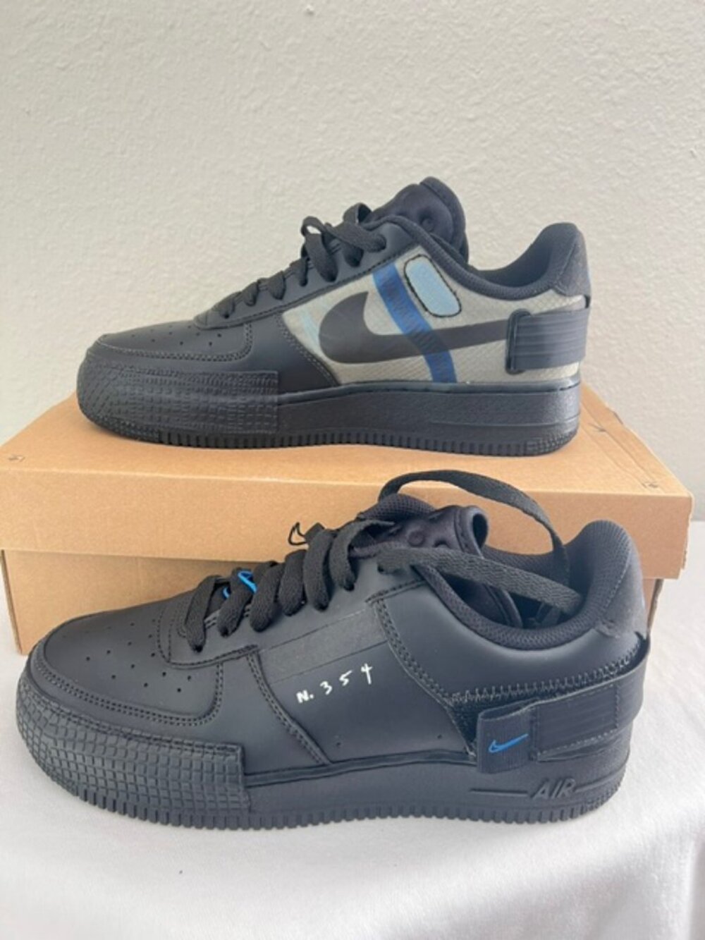NIKE AF1-TYPE AIR FORCE 1 TYPE BLACK-PHOTO BLUE-PLATINUM TINT SZ 7 [AT7859-001]